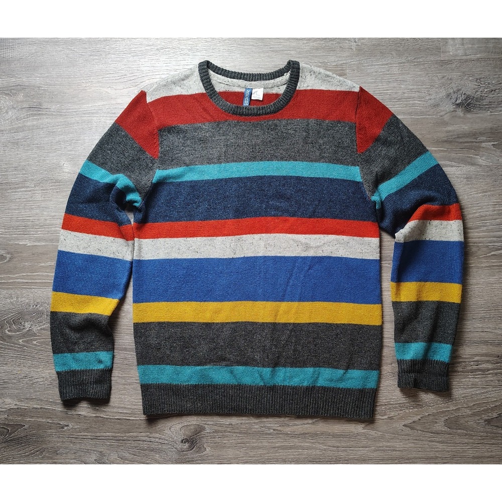 Divided H&M Wool Blend Stripe Sweater Elbow Patch Medium‎ Grandpa Long Sleeve